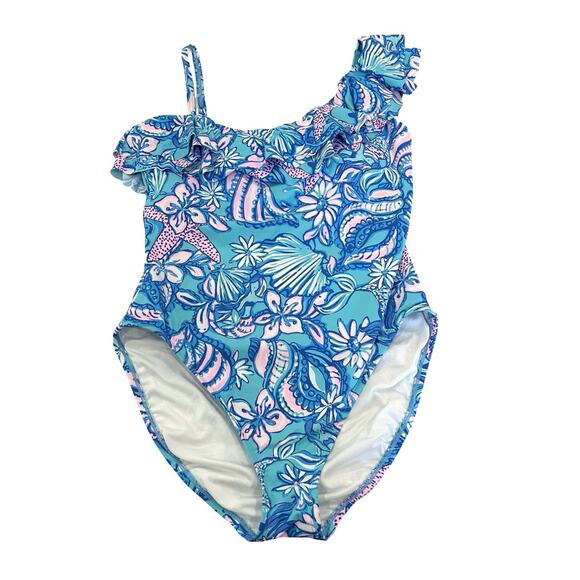 Lilly Pulitzer Caelum Ruffle One Piece Swimsuit Size 10 Amalfi Blue One Shoulder - Picture 2 of 7